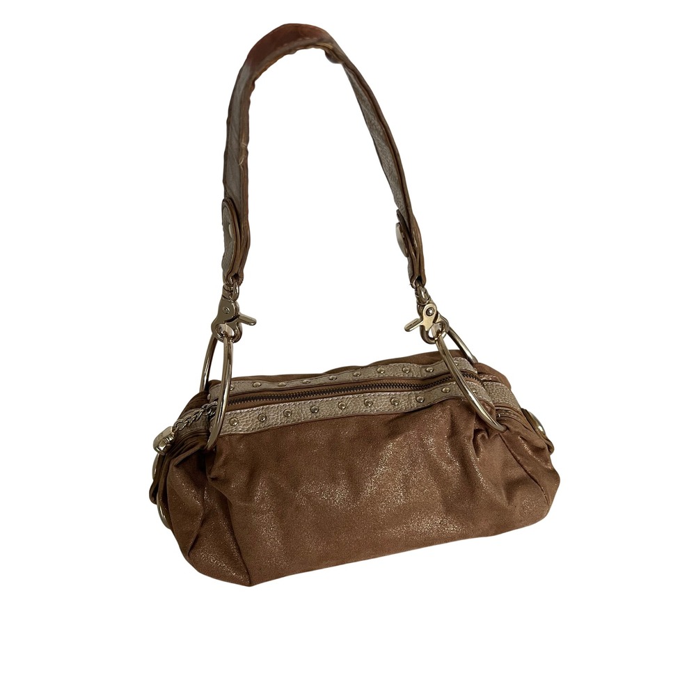 Y2K Kathy Van Zeeland Brown Shimmer Metallic Gold Studded Hobo Shoulder Bag